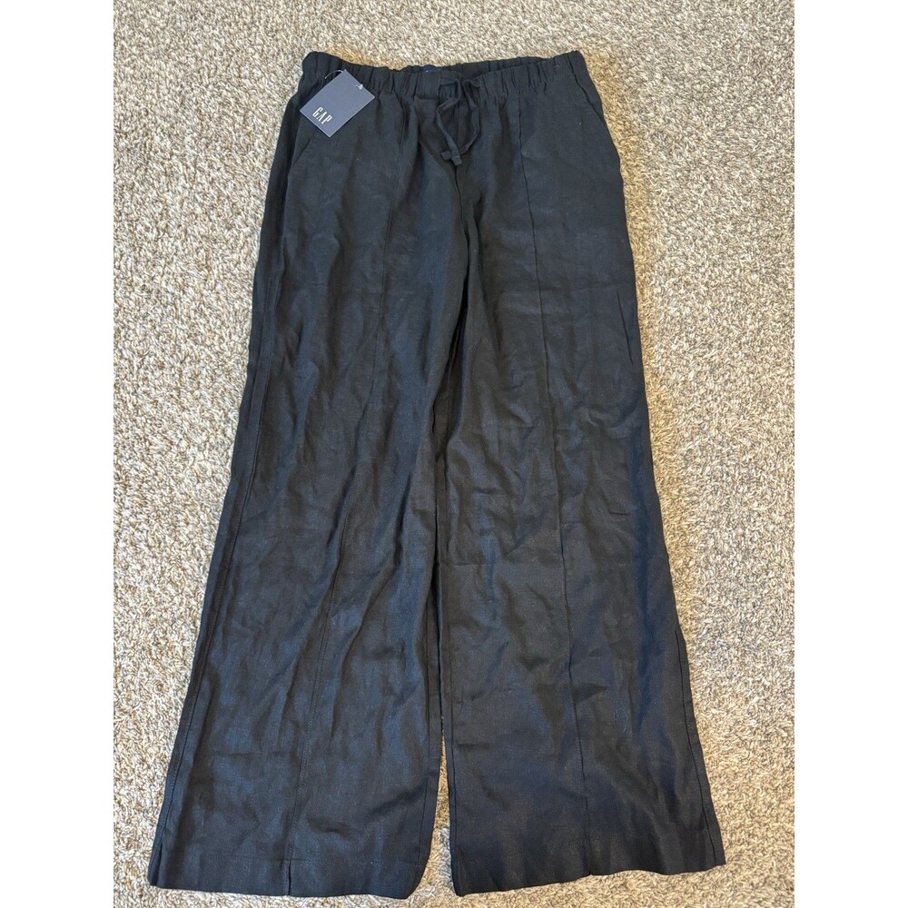 GAP Linen Blend Pants Womens Medium Black Wide Leg Pull On Drawstring NWT